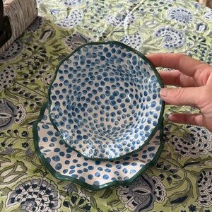 McKenzie Childs  pencil and paper Blue and Green Polka Dot Plate and berry bowl